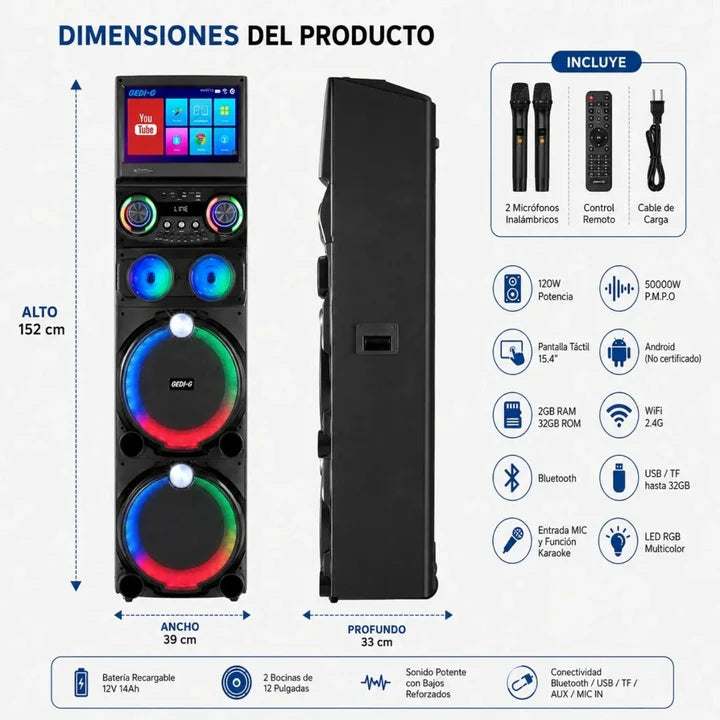 Parlante Torre Android Bluetooth Doble 12 Pulgadas Con Pantalla Táctil GD-1419 B2B
